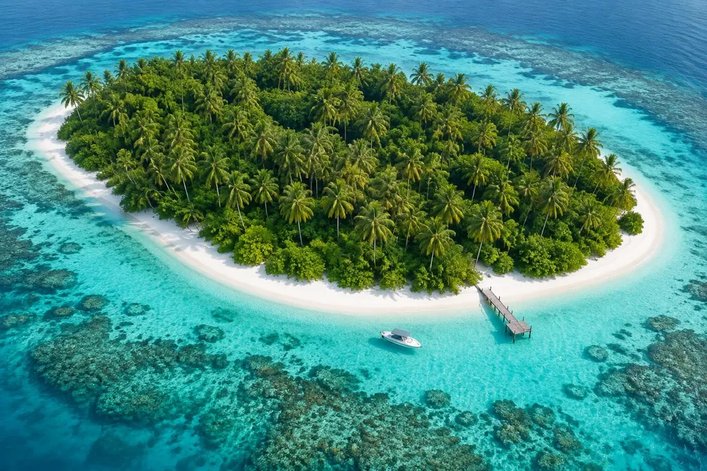 Petite île tropicale bordée de sable blanc au milieu d’un lagon turquoise