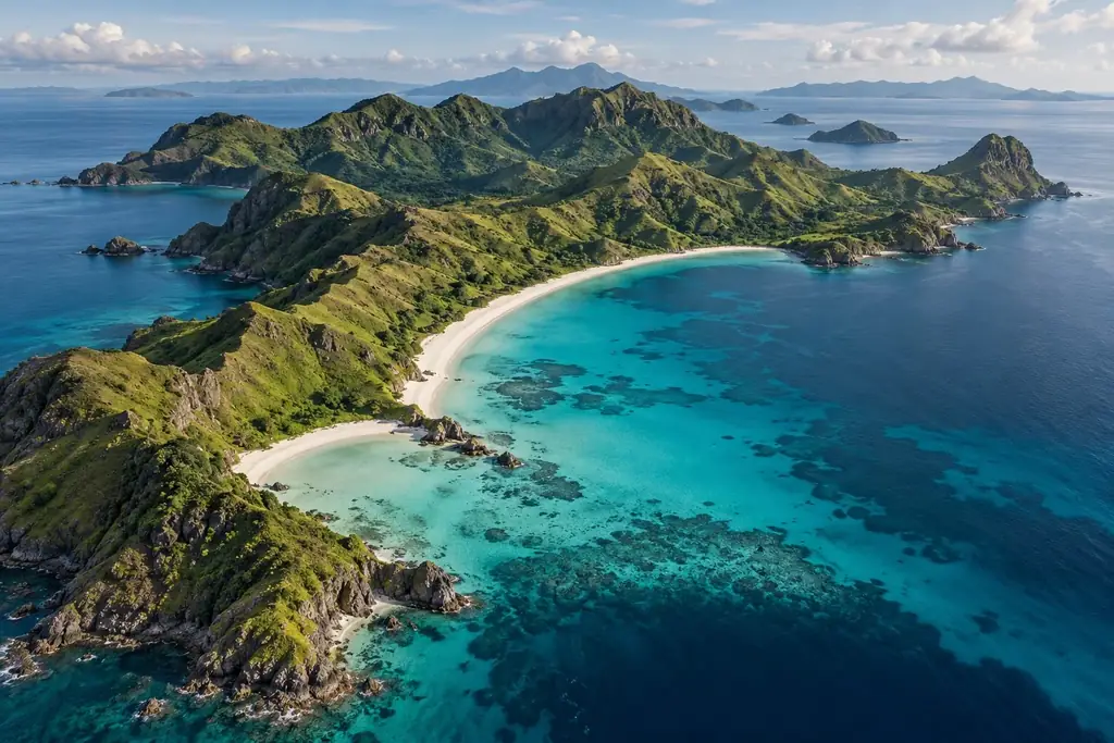 Vue aérienne d’une île verdoyante et de sa baie turquoise